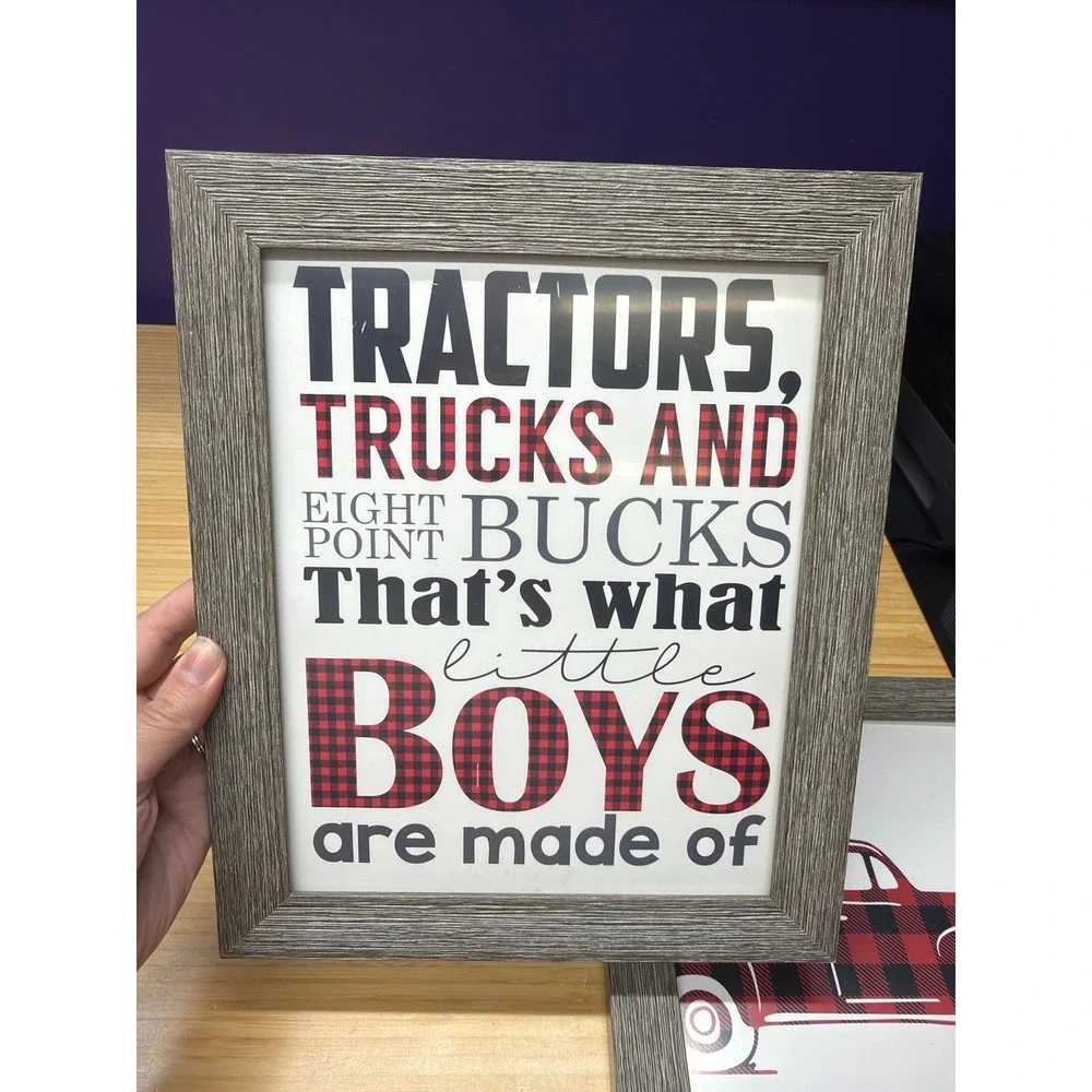 Buffalo Plaid Boys Nursery Wall Art Framed Set of 3 Tractor Truck Farm Decor